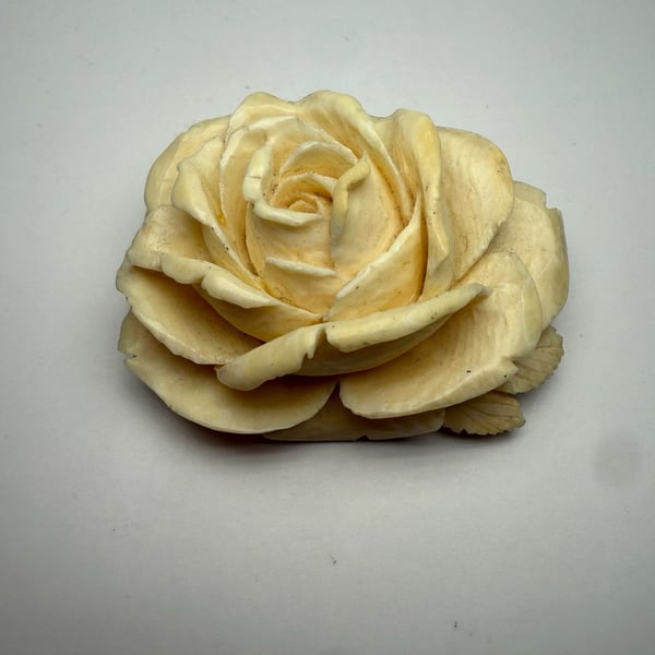Antique Hand Carved Bone or Wood Rose Brooch Pin Silver