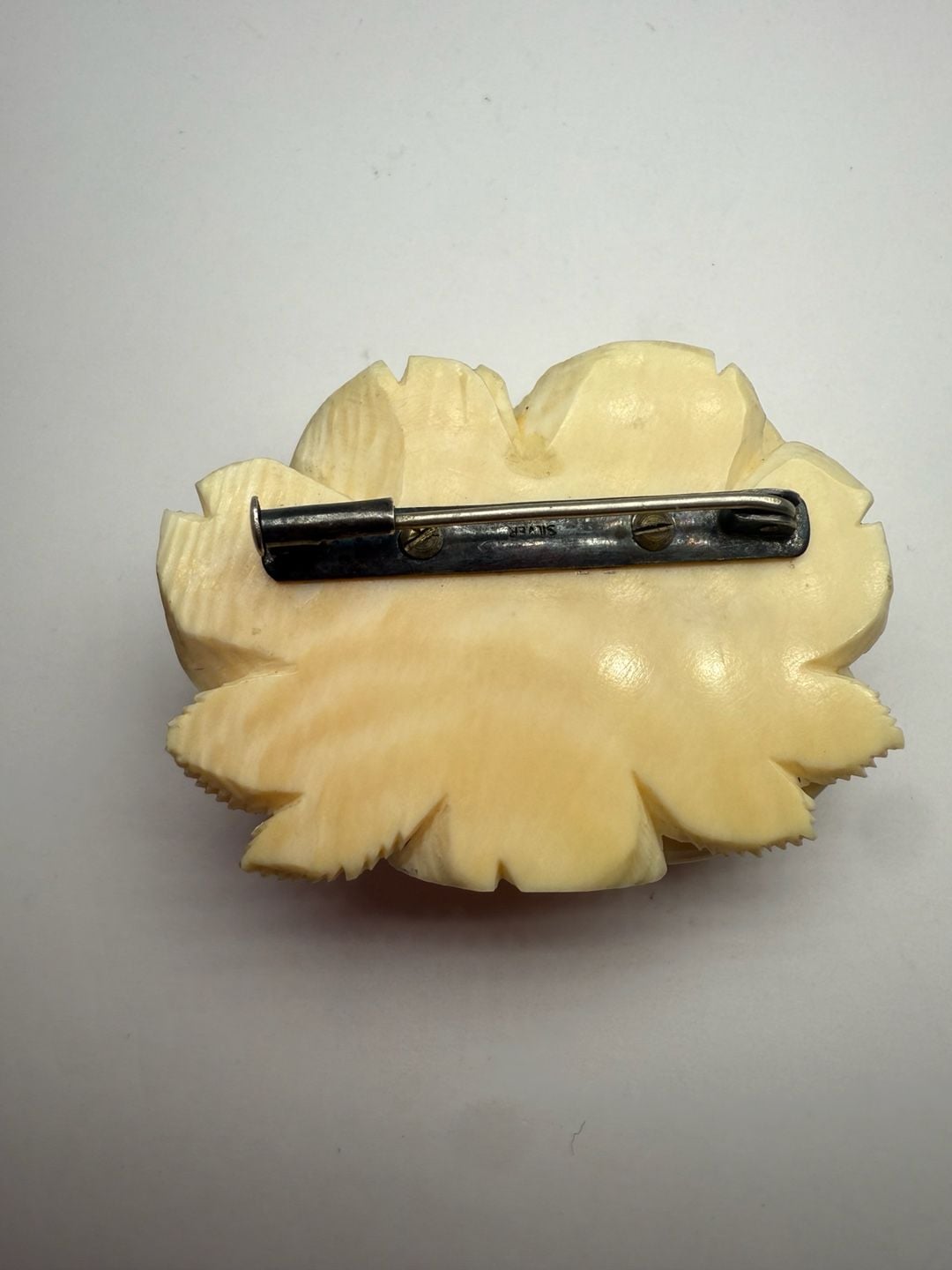 Antique Hand Carved Bone or Wood Rose Brooch Pin Silver 3