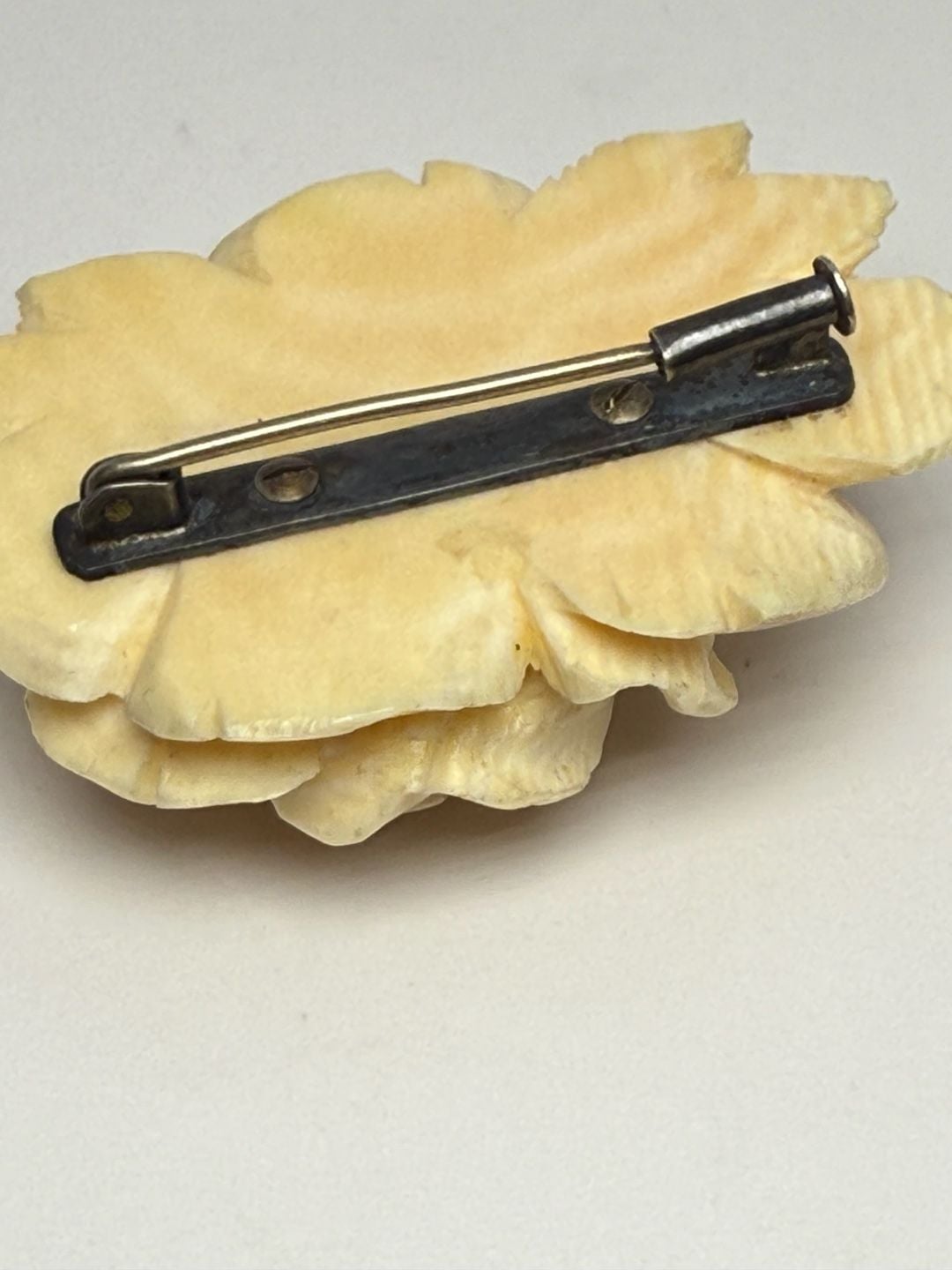 Antique Hand Carved Bone or Wood Rose Brooch Pin Silver 5