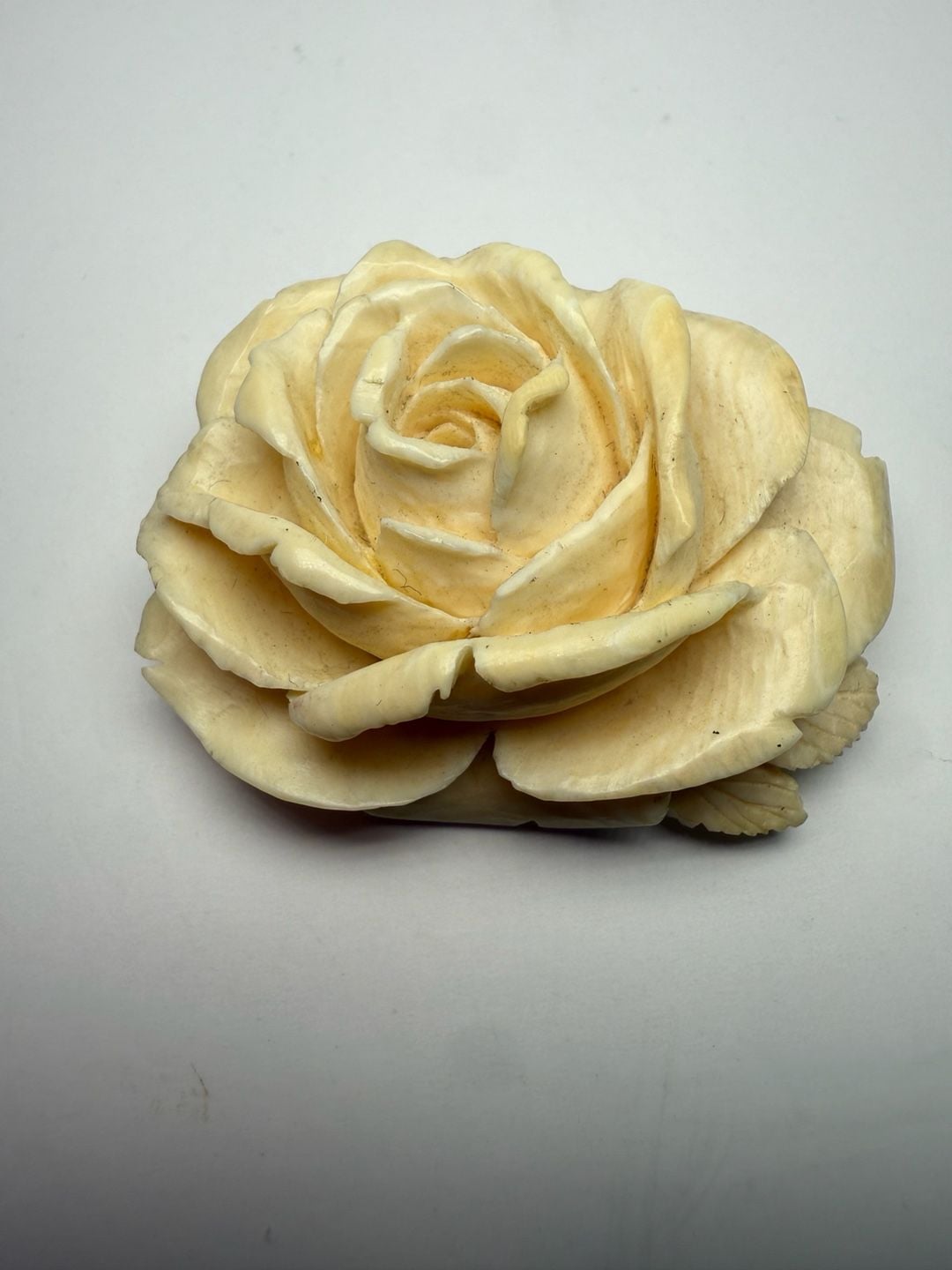Antique Hand Carved Bone or Wood Rose Brooch Pin Silver 6