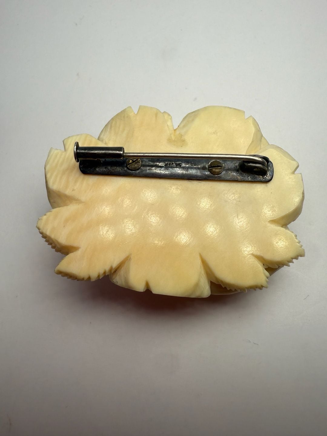 Antique Hand Carved Bone or Wood Rose Brooch Pin Silver 7