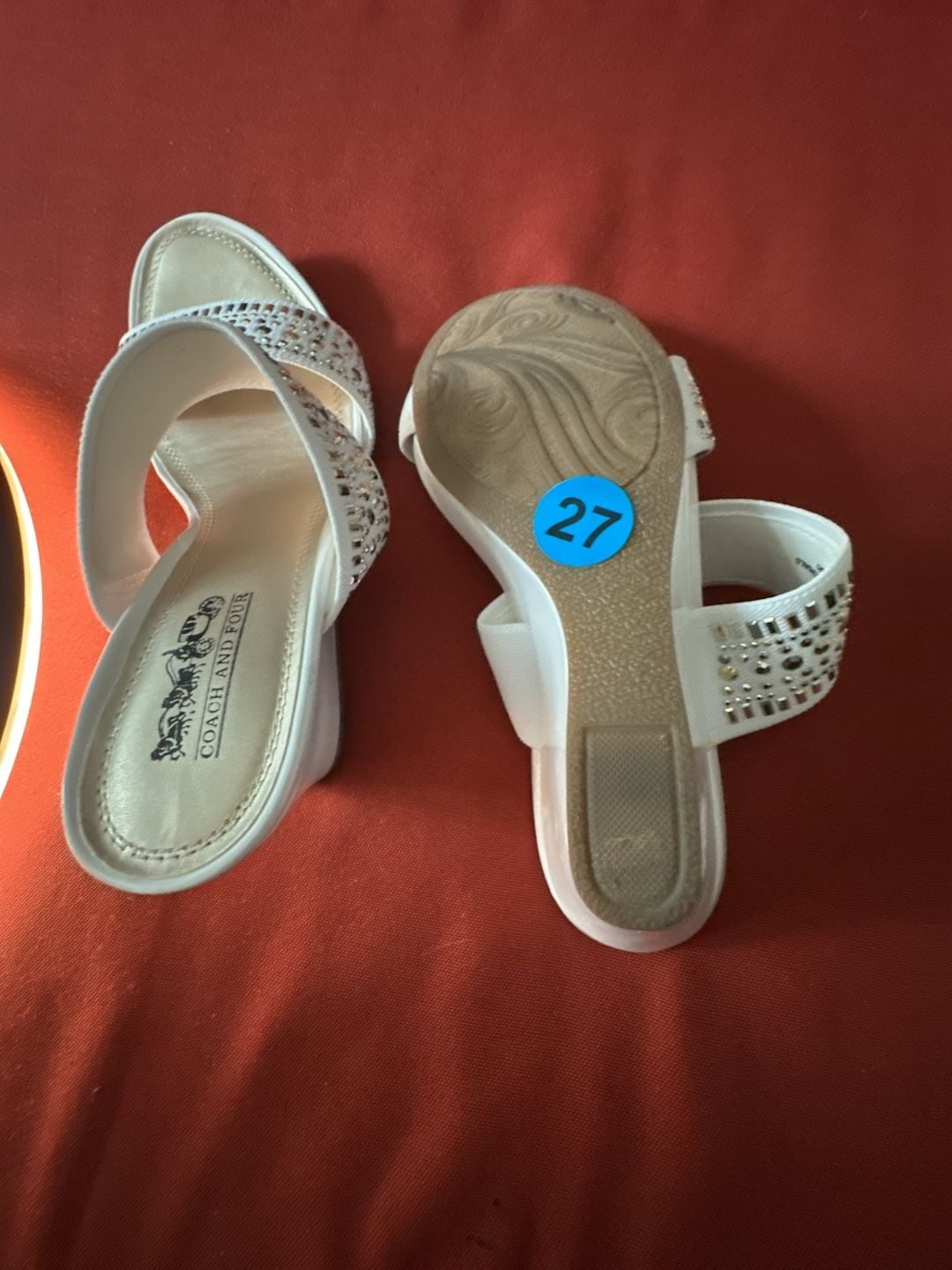No.27 Coach And Four Vander Size 6.5 White Rhinestone Wedge Sandals 10