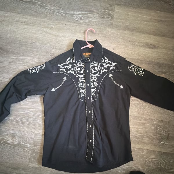 El General Western Shirt Size L Black White Embroidered Pearl Snap