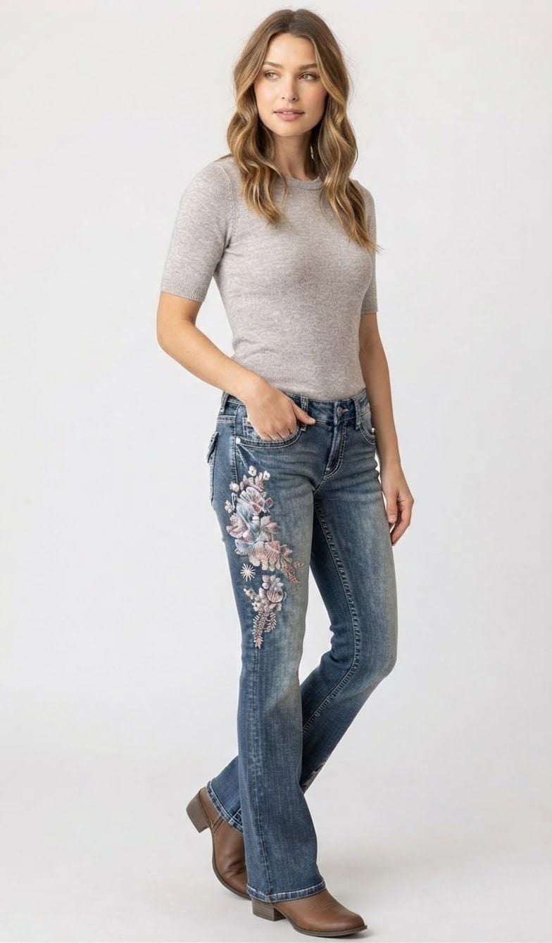 Grace In LA Boot Cut Jeans Size 27 Floral Embroidery 2