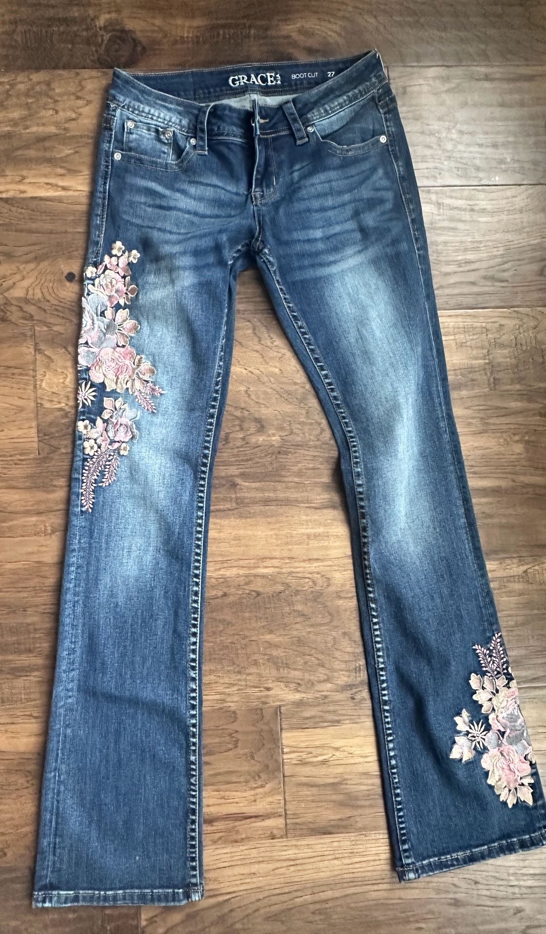 Grace In LA Boot Cut Jeans Size 27 Floral Embroidery 3