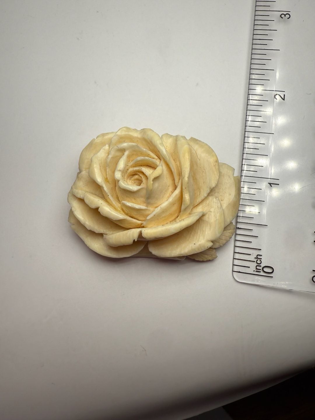 Antique Hand Carved Bone or Wood Rose Brooch Pin Silver 8