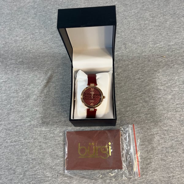 NIB Burgi Diamond Leather Strap Watch Burgundy Red Dial Gift Box