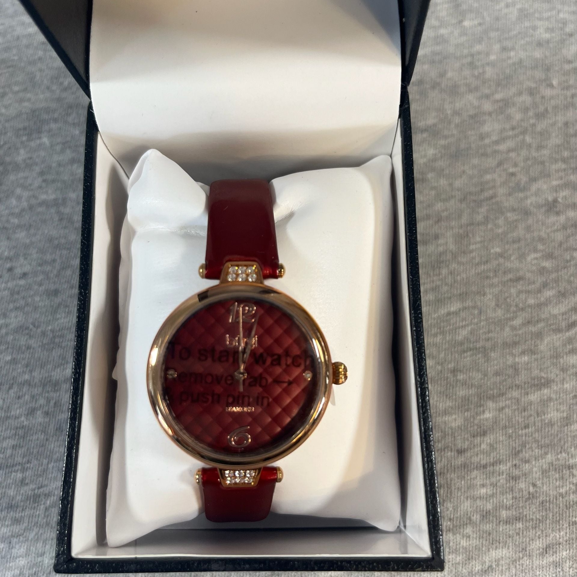 NIB Burgi Diamond Leather Strap Watch Burgundy Red Dial Gift Box 3