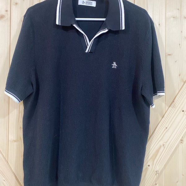 Original Penguin Honeycomb Sweater Polo Size L Black Johnny Collar
