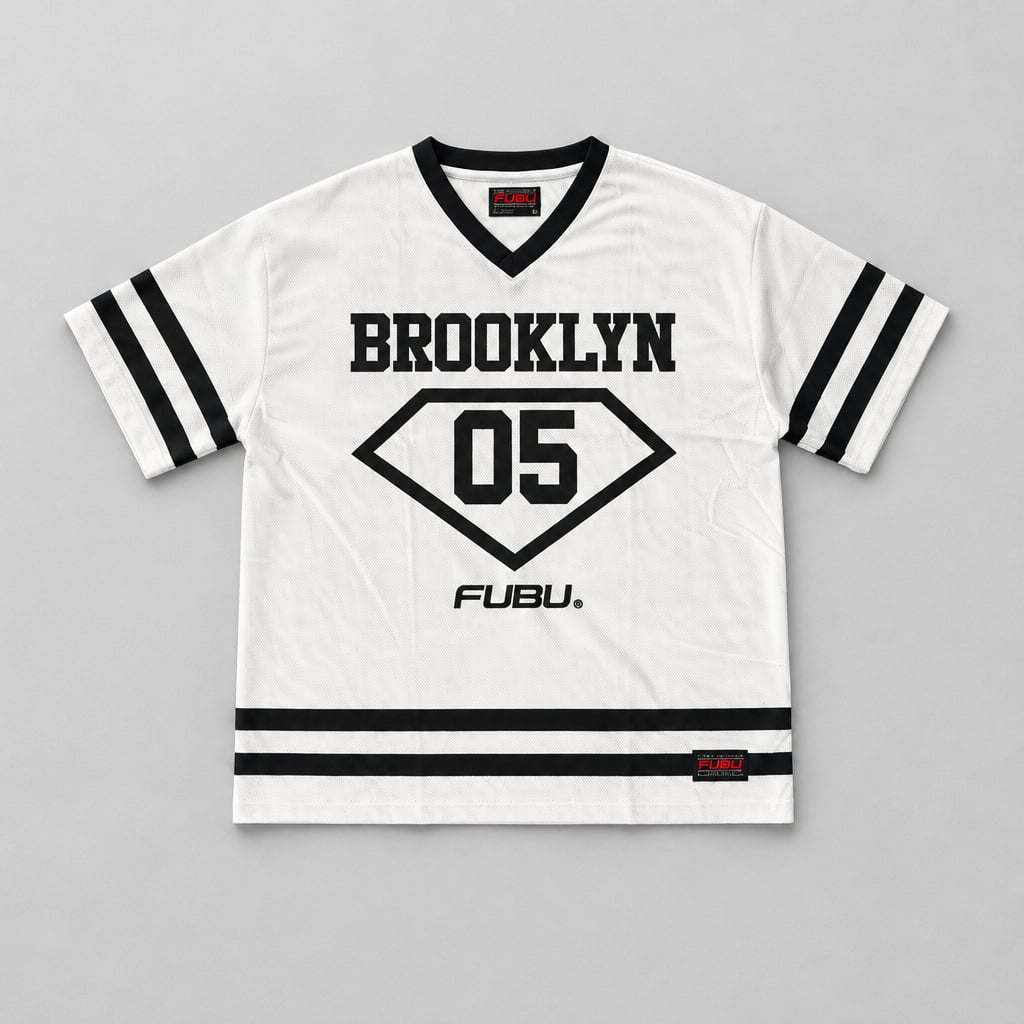 FUBU Brooklyn 05 Jersey Size L White Black Mesh V-Neck T-Shirt 2