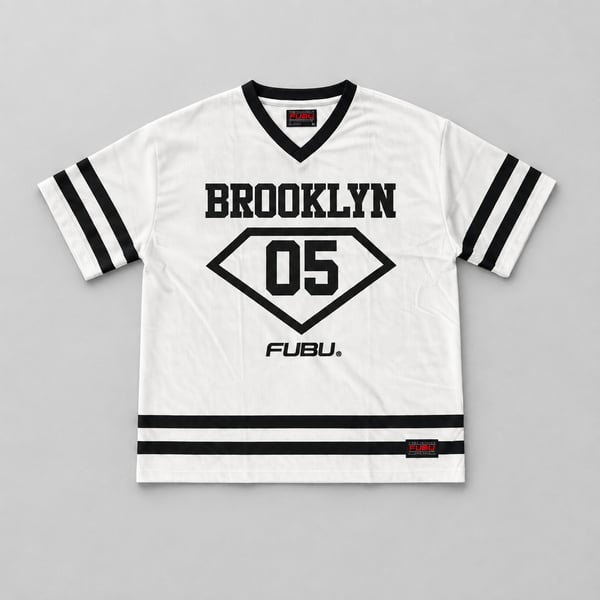 FUBU Brooklyn 05 Jersey Size L White Black Mesh V-Neck T-Shirt