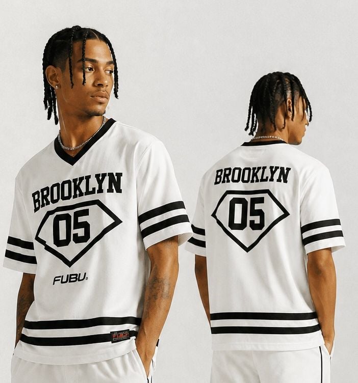 FUBU Brooklyn 05 Jersey Size L White Black Mesh V-Neck T-Shirt 5