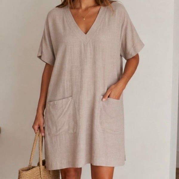 Splendid Linen Blend V Neck Shift Dress Taupe Pockets Short Sleeve Women's S
