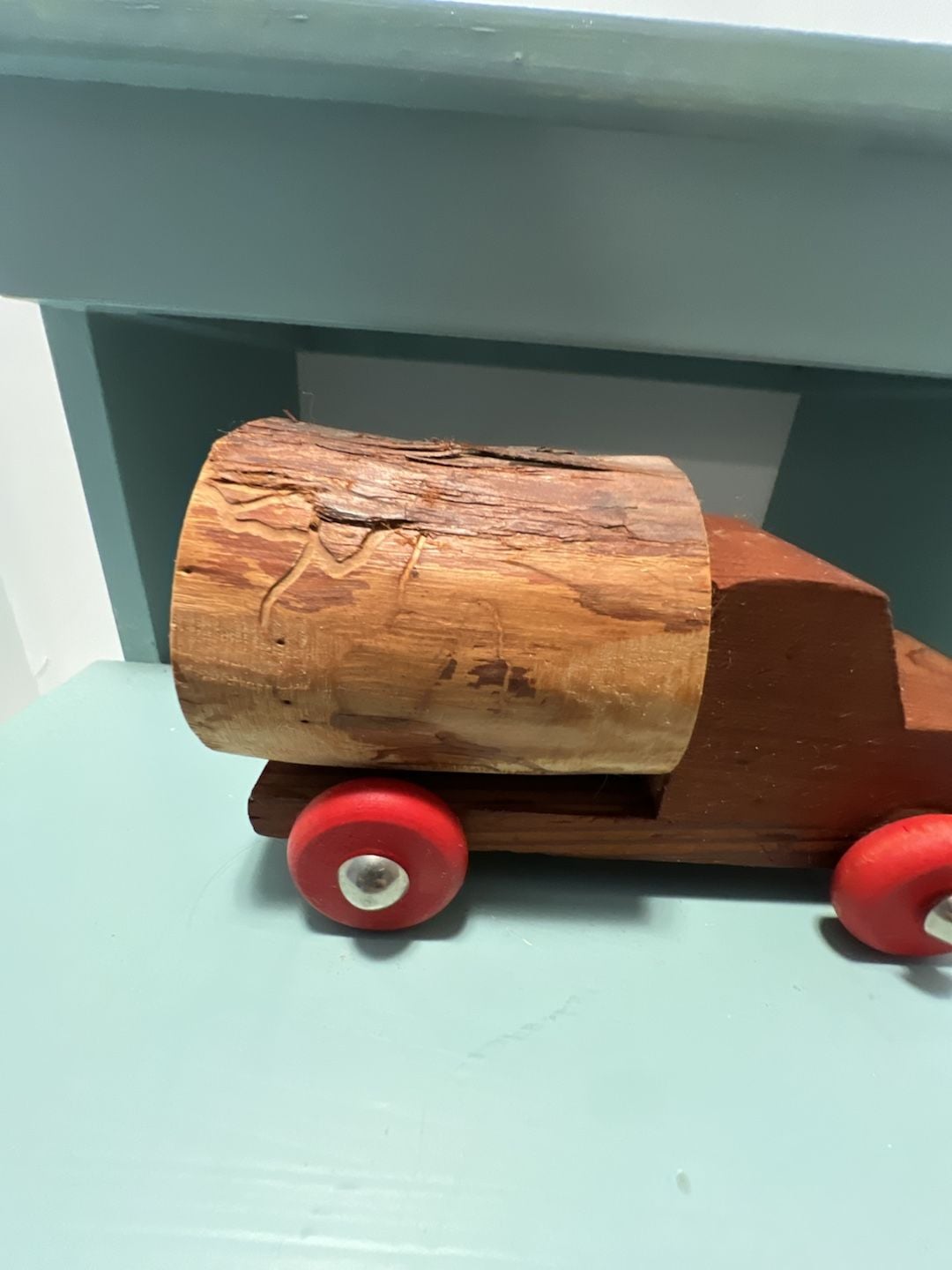 Vintage California Redwood Logger Wooden Toy Truck Red Wheels 3