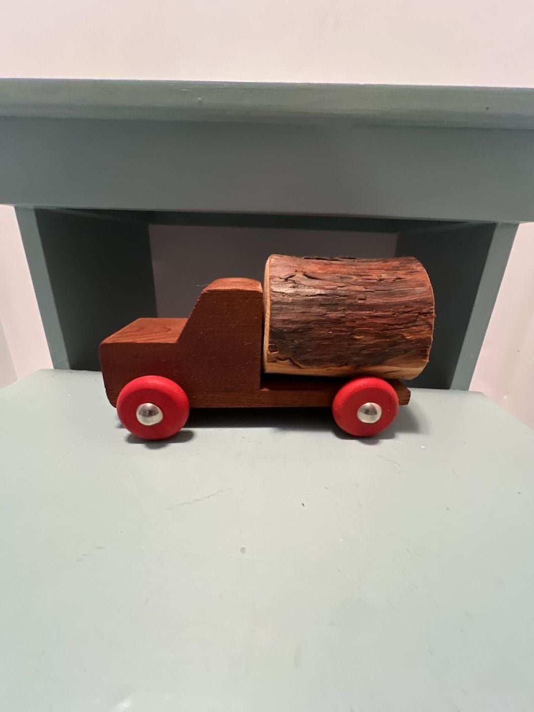 Vintage California Redwood Logger Wooden Toy Truck Red Wheels 5