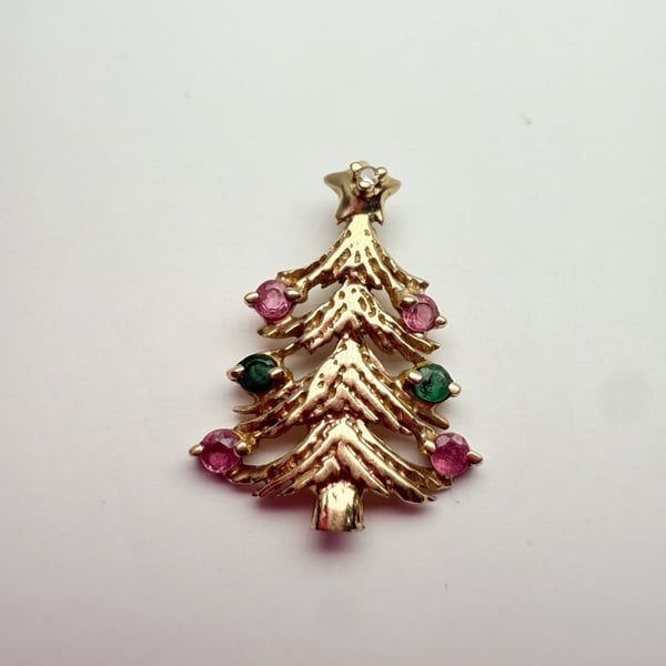 MET 14K Gold Christmas Tree Pendant Ruby Emerald Diamond Charm