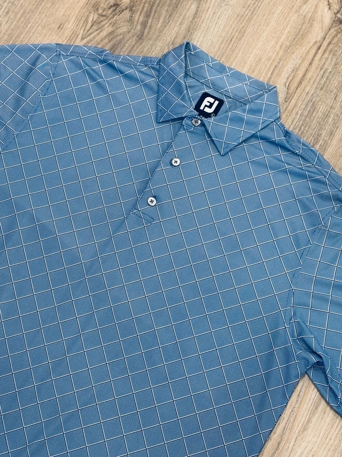 FootJoy Grid Golf Polo Size L Blue White Diamond Check Short Sleeve Shirt 2