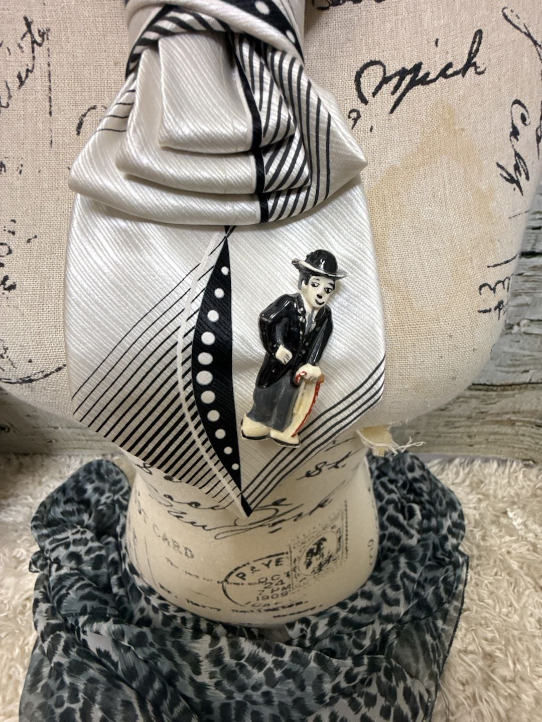 Upcycled Silk Tie Necklace Charlie Chaplin Brooch 3