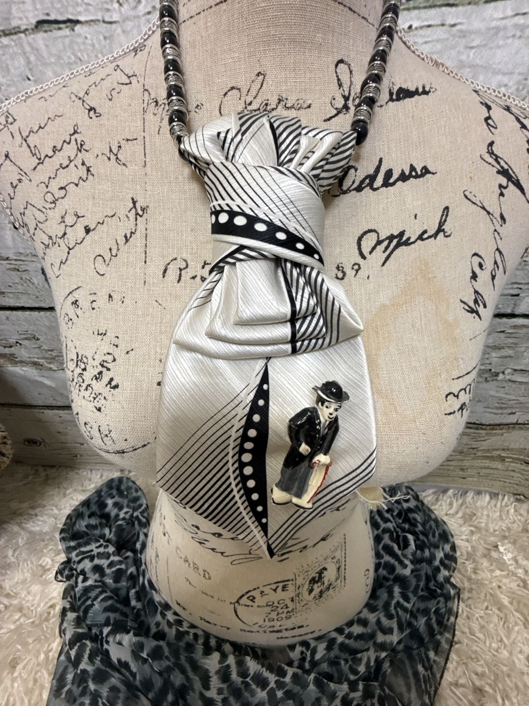 Upcycled Silk Tie Necklace Charlie Chaplin Brooch 4