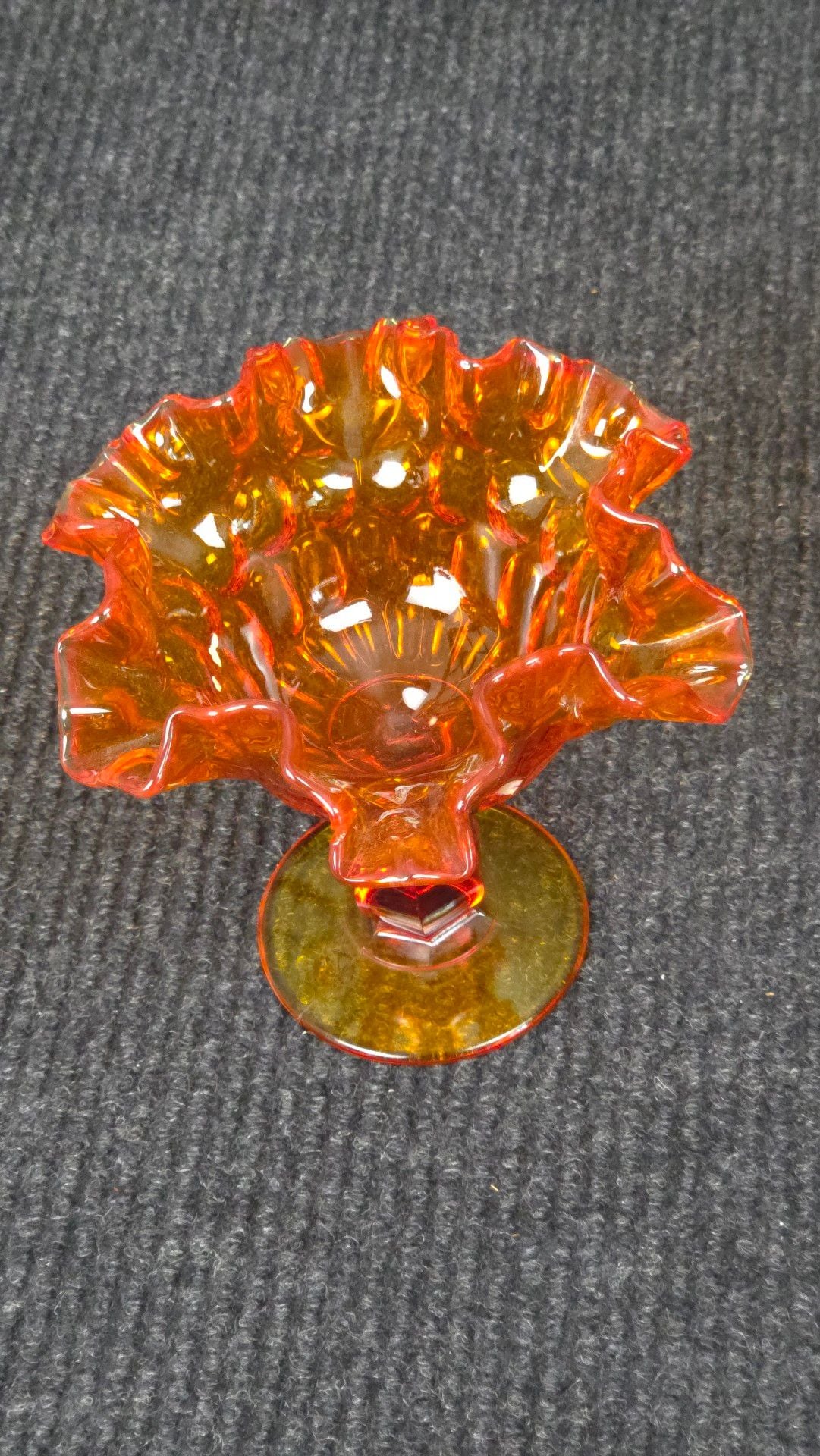 Fenton Amberina Glass Ruffled Pedestal Compote Thumbprint 8