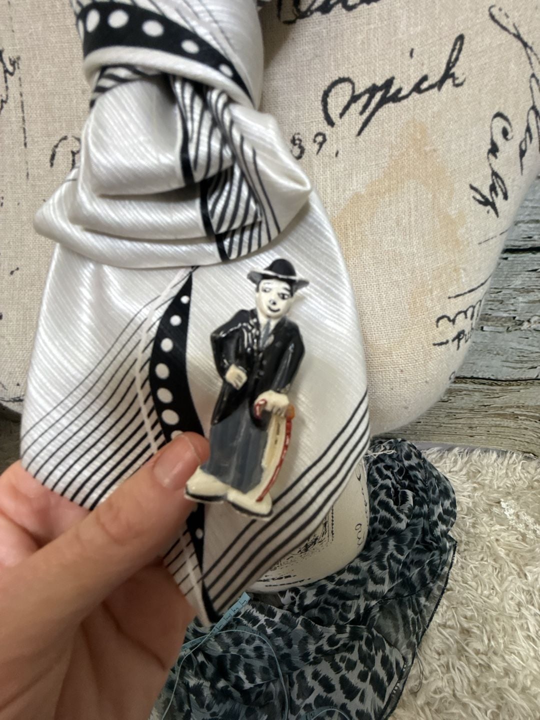 Upcycled Silk Tie Necklace Charlie Chaplin Brooch 8