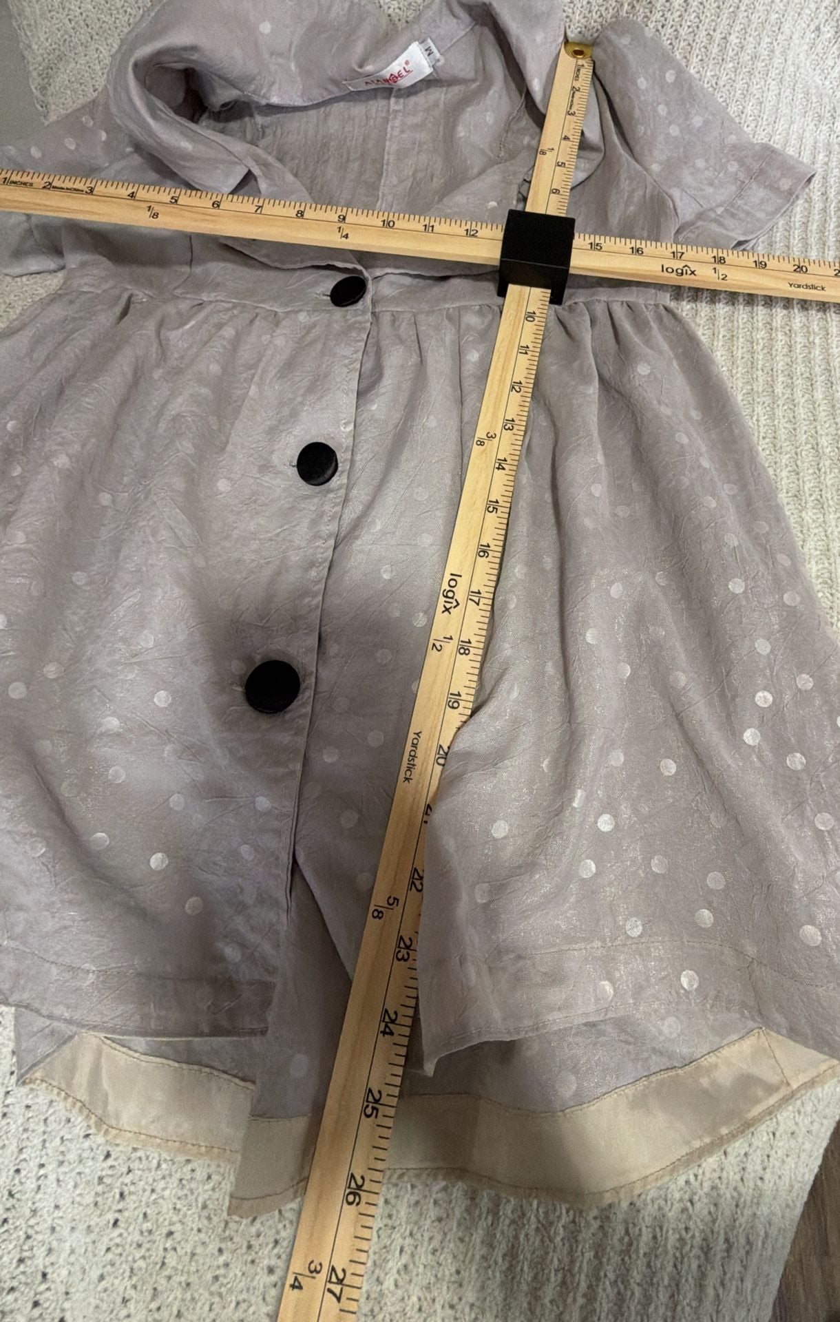 Aiangel Blouse Size M Gray Polka Dot Cotton Silk Short Sleeve 6