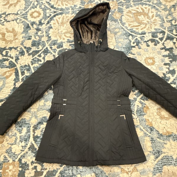 Gallery Quilted Jacket with Removable Hood Black New