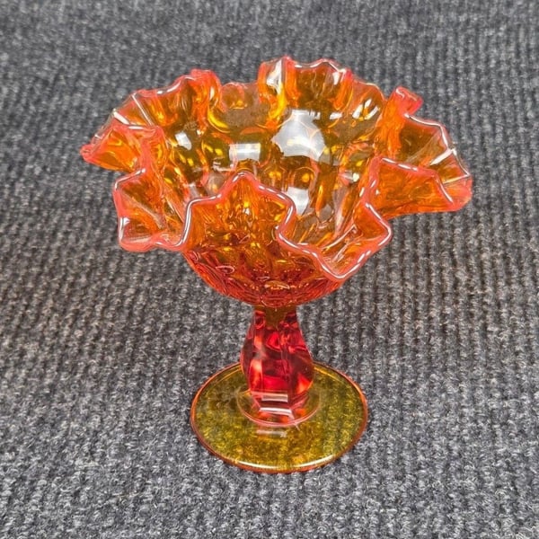 Fenton Amberina Glass Ruffled Pedestal Compote Thumbprint