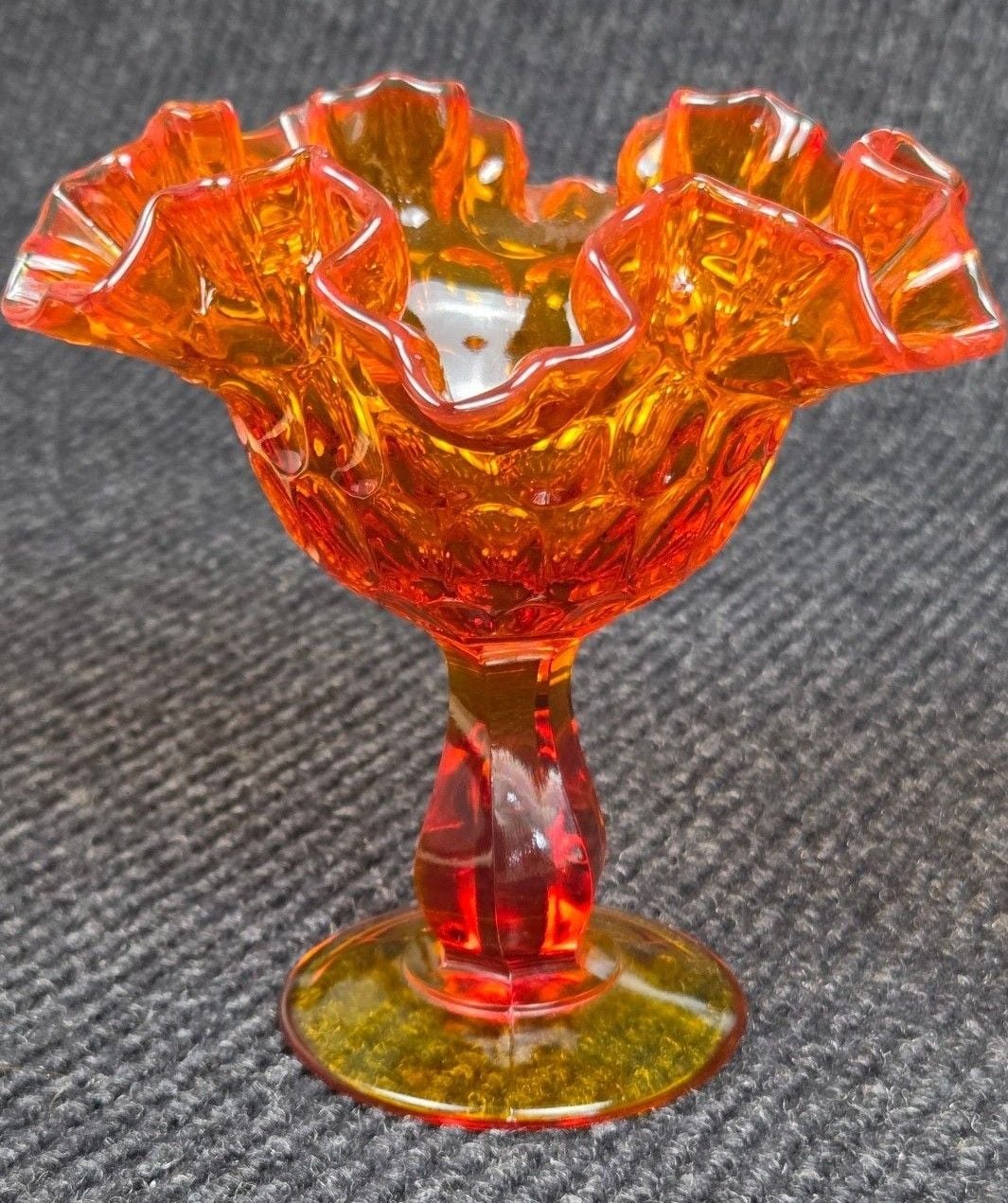Fenton Amberina Glass Ruffled Pedestal Compote Thumbprint 3