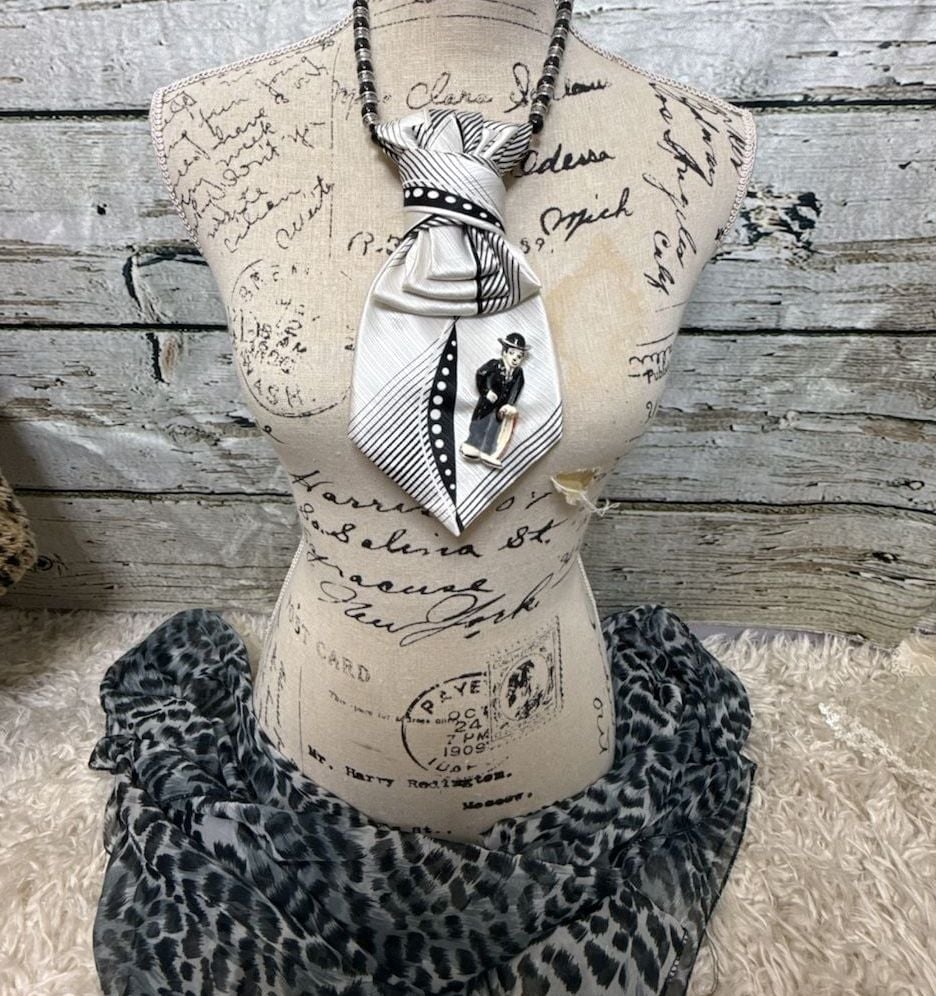Upcycled Silk Tie Necklace Charlie Chaplin Brooch 2