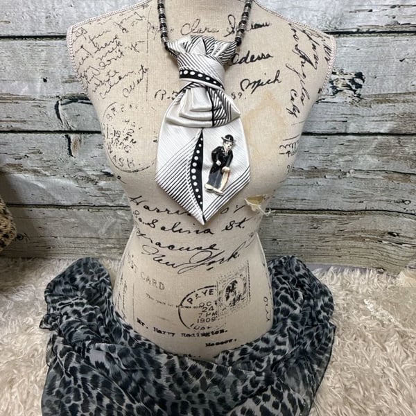 Upcycled Silk Tie Necklace Charlie Chaplin Brooch