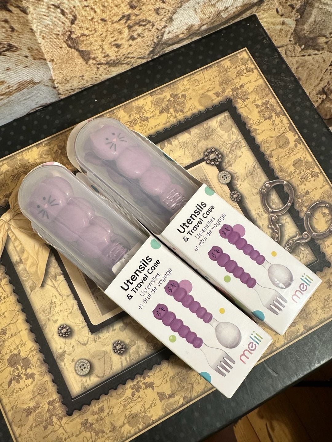 Melii Cat Utensils and Travel Case Purple Fork Spoon Set Lot of 2 1