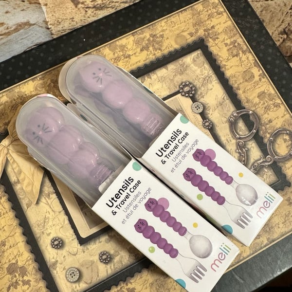 Melii Cat Utensils and Travel Case Purple Fork Spoon Set Lot of 2