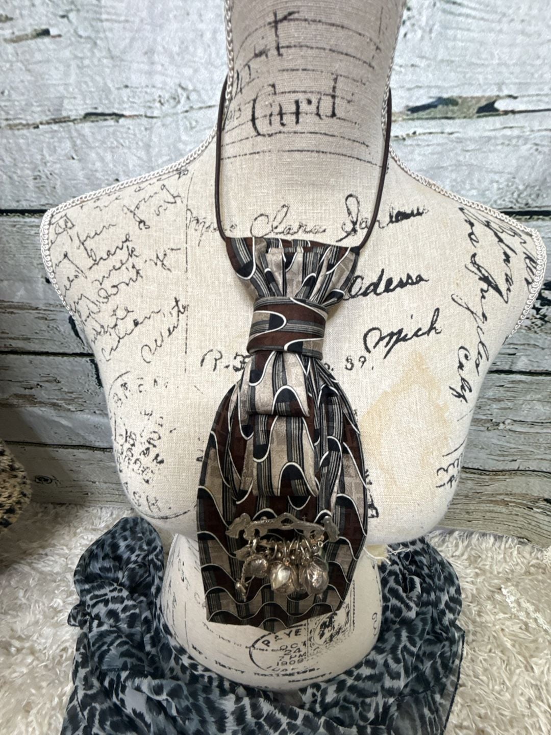 Upcycled Silk Bolo Tie Necklace With Charm Brooch
2