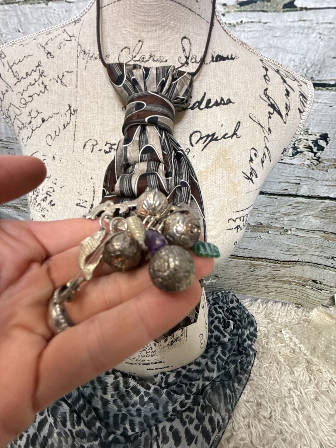 Upcycled Silk Bolo Tie Necklace With Charm Brooch
4