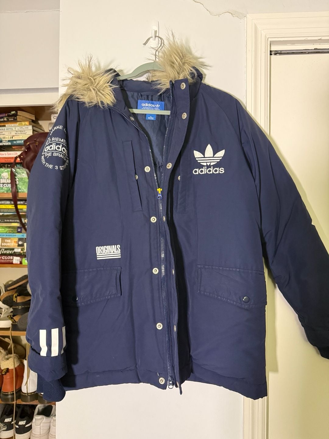 Adidas Originals Logo Down Jacket Size M Blue Faux Fur Hood 2