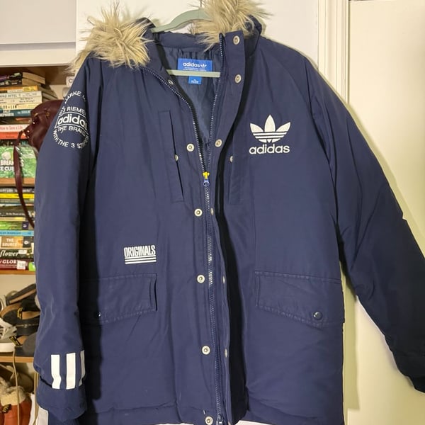 Adidas Originals Logo Down Jacket Size M Blue Faux Fur Hood