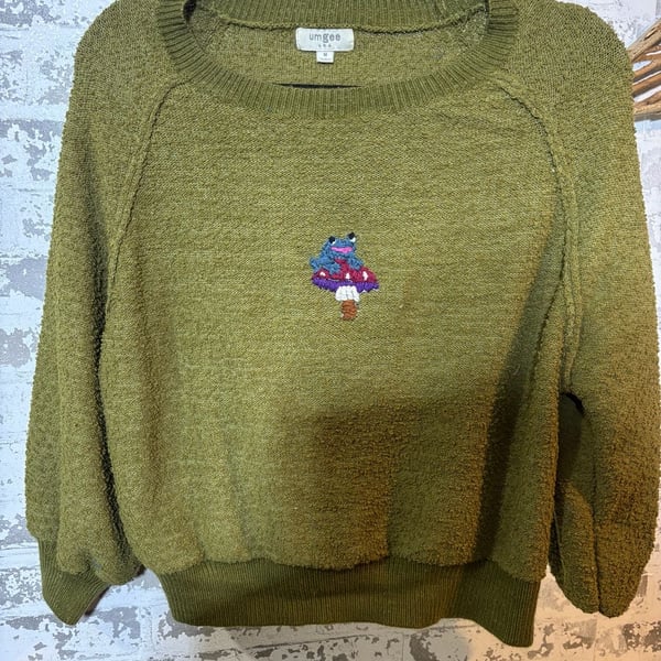 Upcycled Umgee Frog On Mushroom Hand sewn M olive Pullover cropped sweater