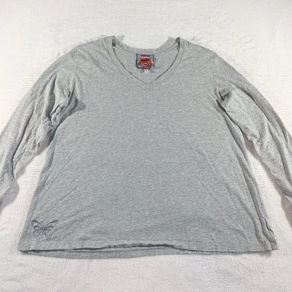 Johnny Was Long Sleeve V-Neck Layering T Shirt XL Gray Butterfly
