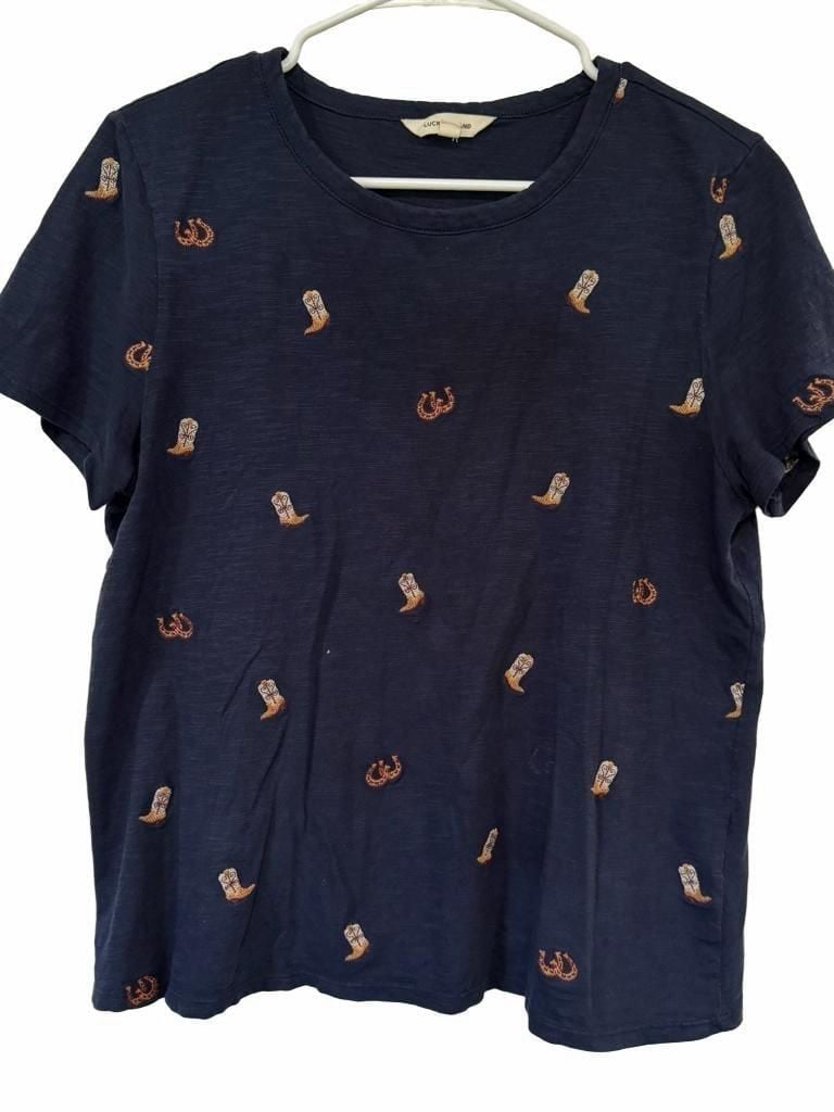 Lucky Brand Embroidered Cowboy Boots T-Shirt Size L Blue Cotton 2