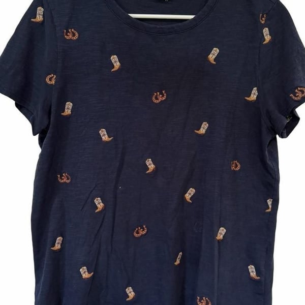 Lucky Brand Embroidered Cowboy Boots T-Shirt Size L Blue Cotton