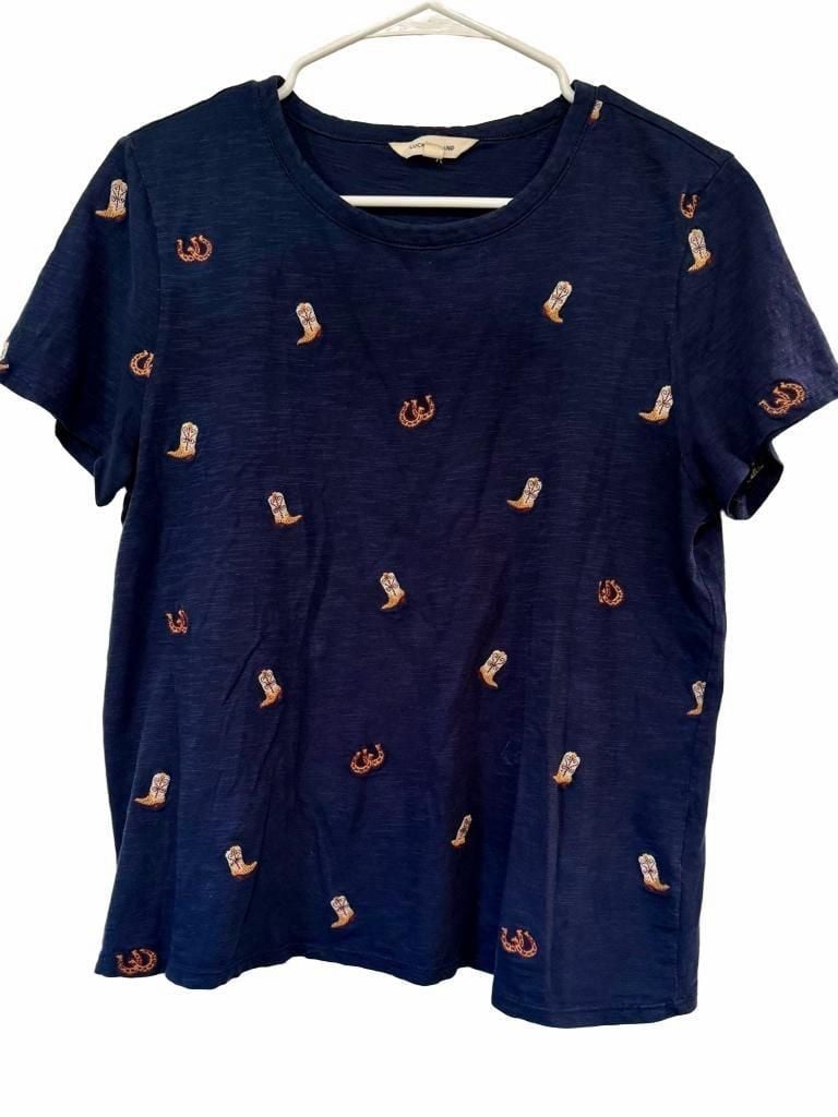 Lucky Brand Embroidered Cowboy Boots T-Shirt Size L Blue Cotton 3