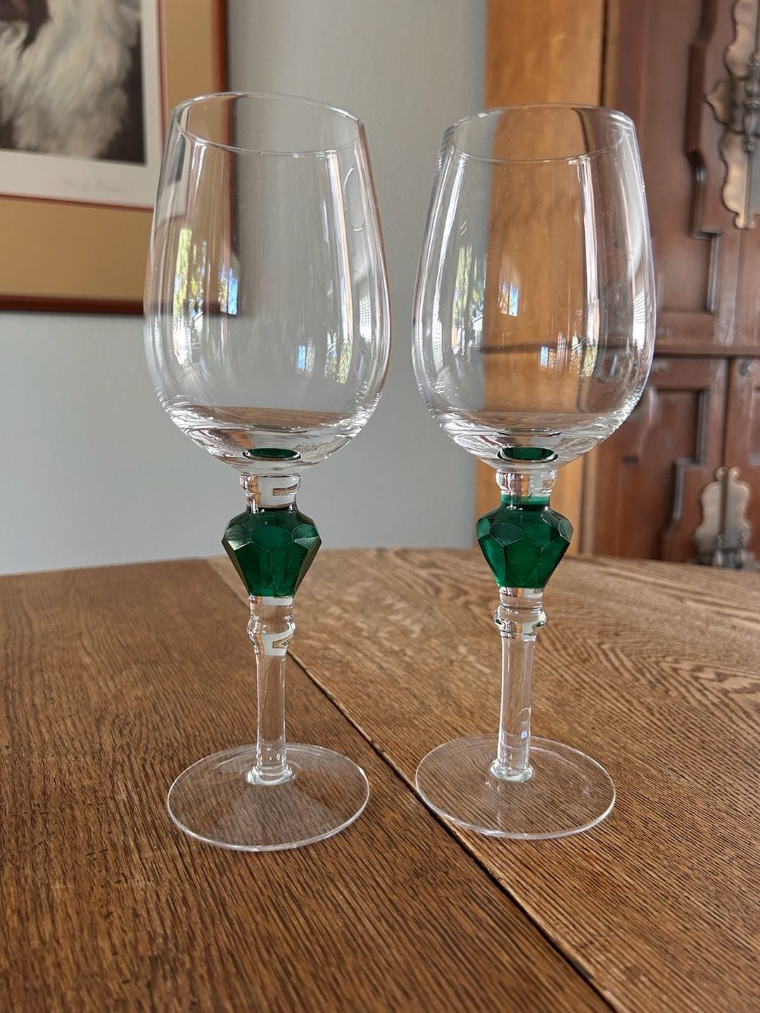 Gorham Gemstones Crystal Wine Glasses Green Stem Faceted Pair 1