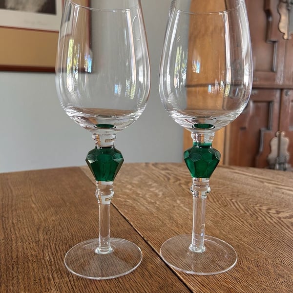 Gorham Gemstones Crystal Wine Glasses Green Stem Faceted Pair