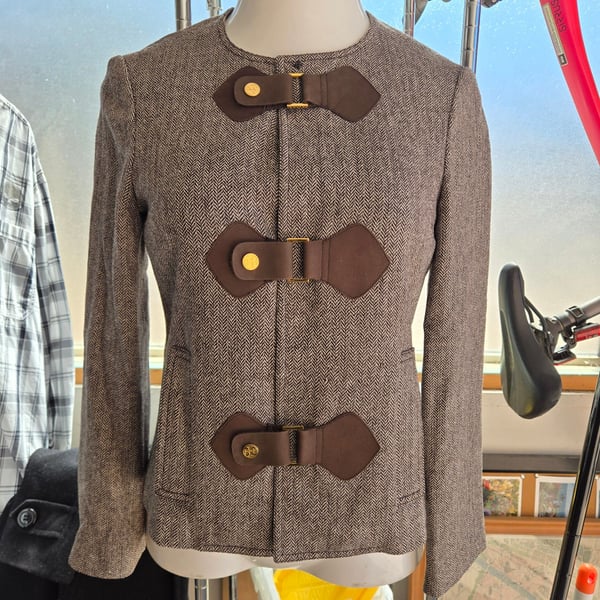 Tory Burch Herringbone Jacket Brown Tweed Leather Buckle Closures