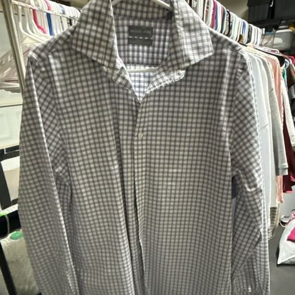 Michael Kors Plaid Dress Shirt Slim Fit size Large Untucked Length Stretch