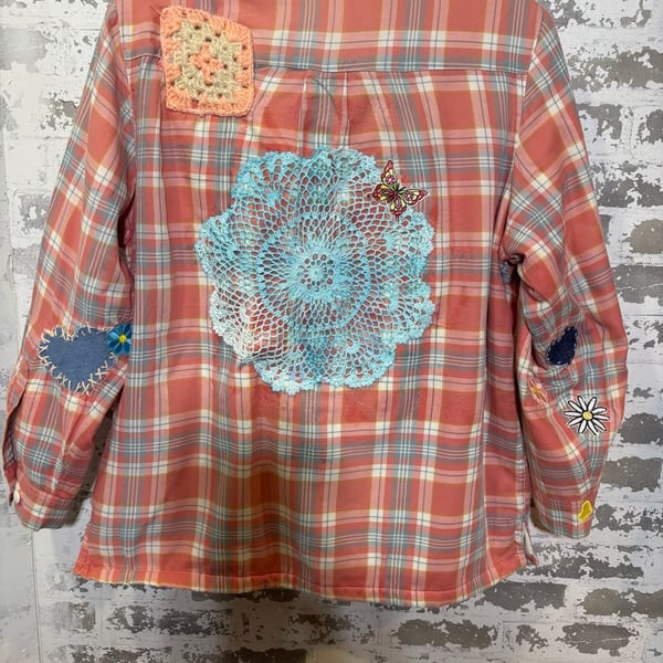Reworked LLBean Plaid Fleece Lined S Shirt Custom Crochet &embroidery patches