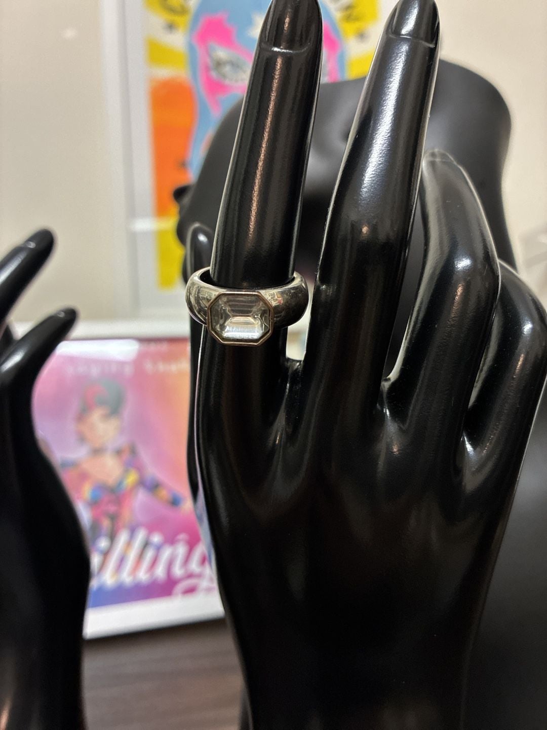 Vintage Y2K Chunky Bezel Ring Emerald Cut Stone Silver 2