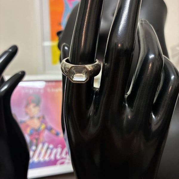 Vintage Y2K Chunky Bezel Ring Emerald Cut Stone Silver