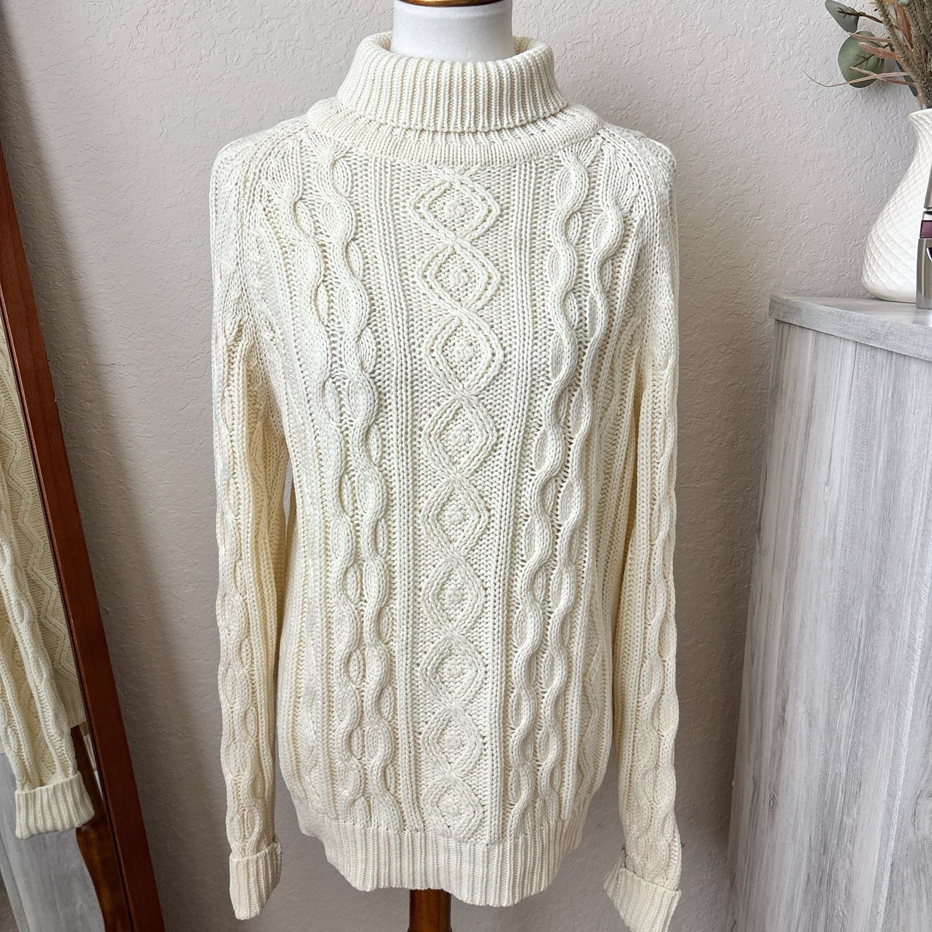 Kings Road Cable Knit Turtleneck Fisherman Sweater Beige Vintage Grandmacore M 2